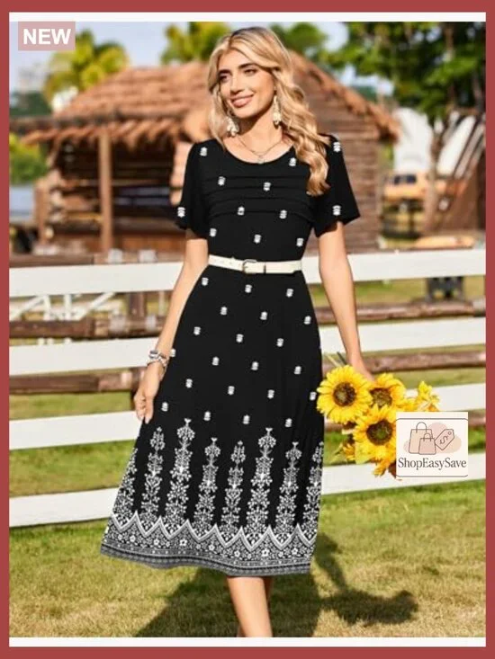 Floral Print Midi Dress Loose Fit Bohemian Casual Summer Beach Sundress with - Picture 4 of 7